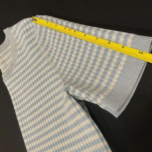 ~Brooks Brothers XL Sweater Short Sleeved Striped Metallic Ribbed Knit Lite Blue - Picture 6 of 16